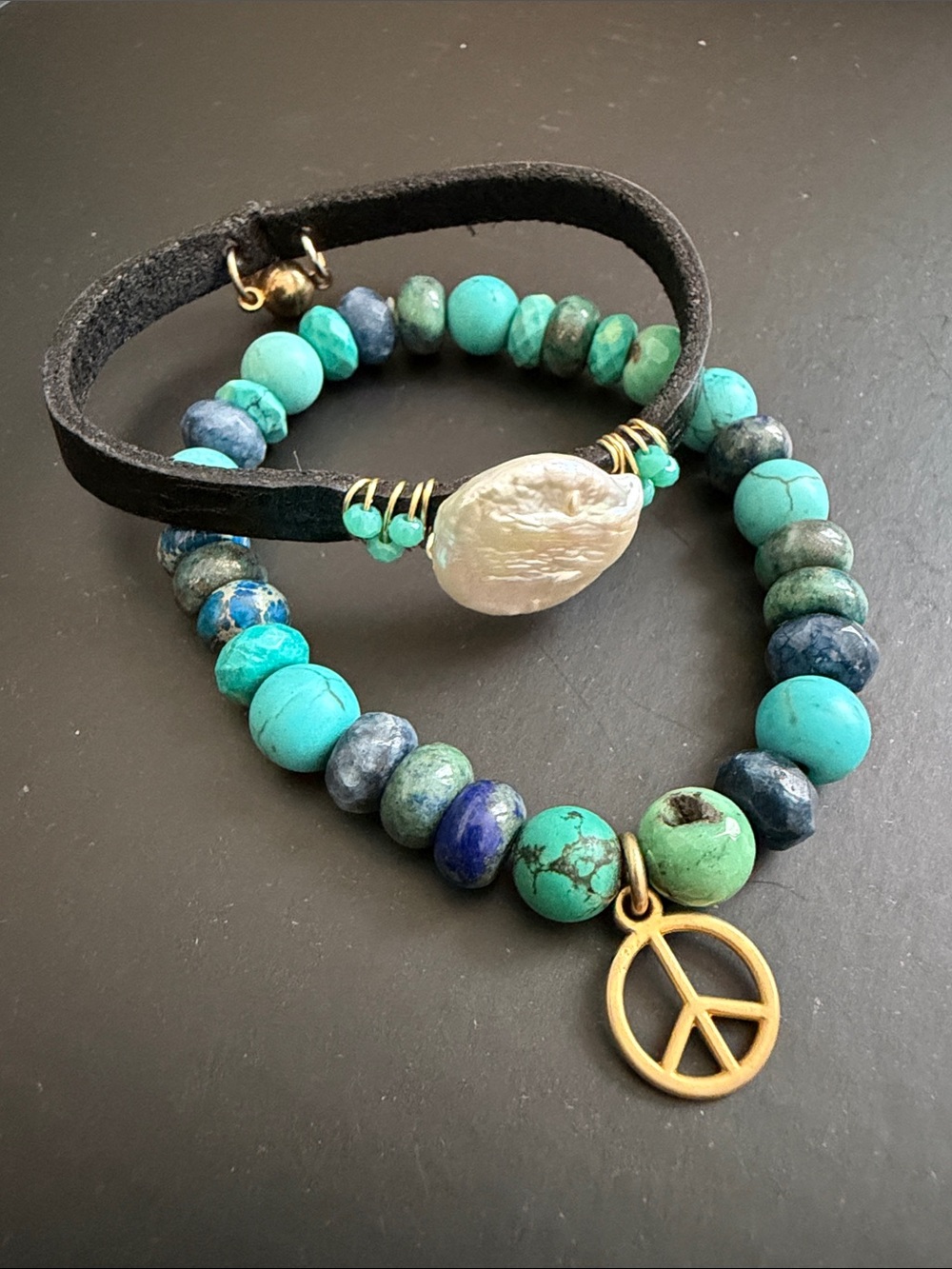 Turquoise Pearl Leather Bracelet & multi Stone Gold-tone peace sign Bracelet